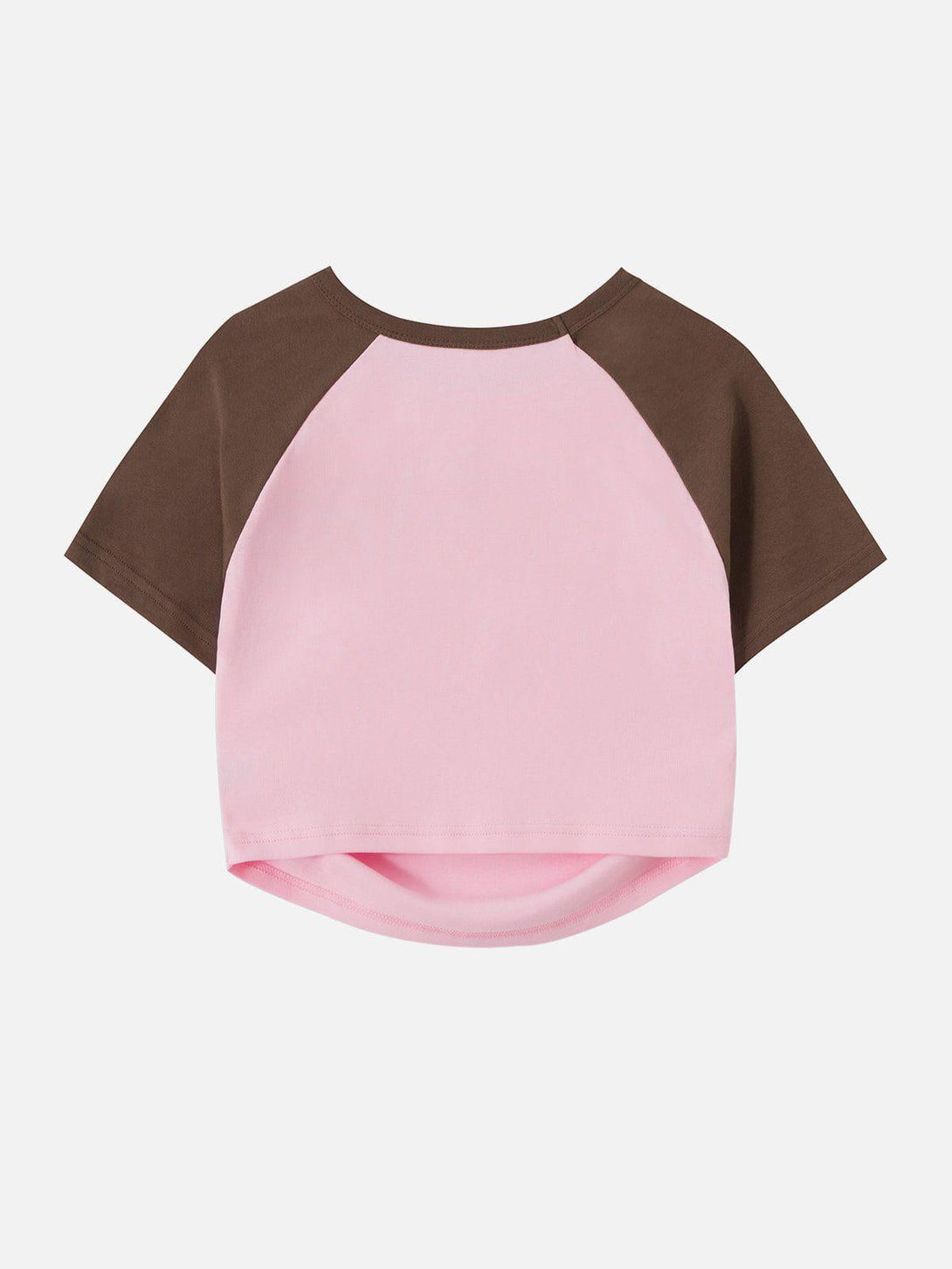 Back view of a pink tee with brown sleeves by TALISHKO, highlighting a relaxed fit.