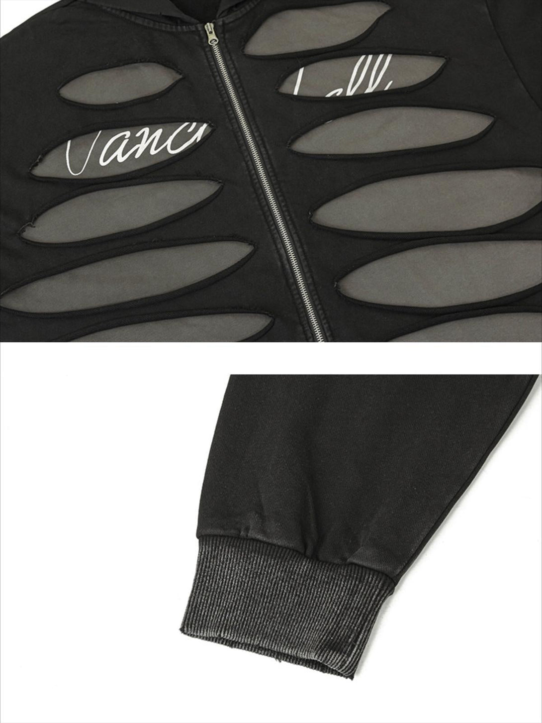 Detailed view of TALISHKO's black zipper hoodie, showcasing unique cut-out design and sleeve cuff.