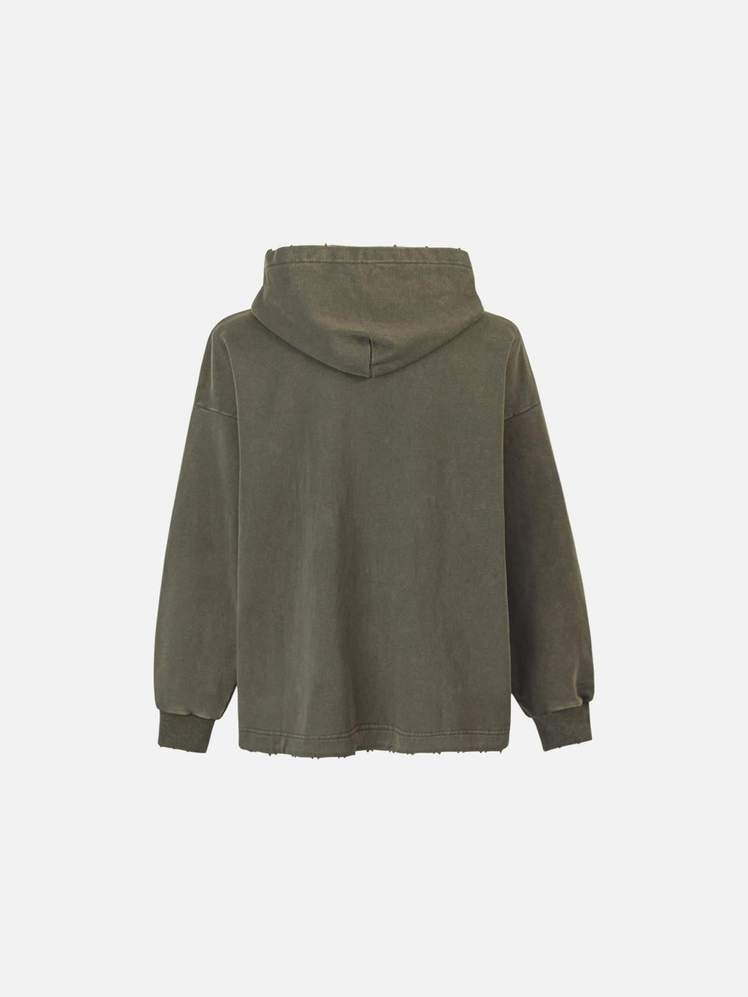 Back view of a green zipper hoodie with a relaxed fit, crafted by TALISHKO.