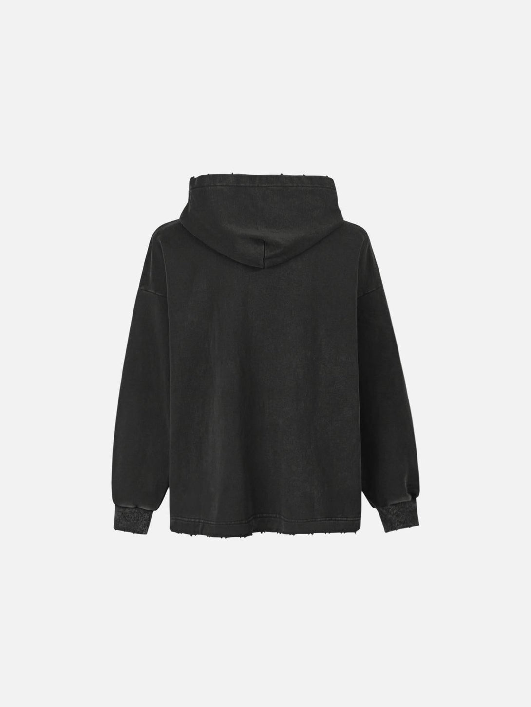 Back view of a black zipper hoodie by TALISHKO, featuring a relaxed, casual fit.
