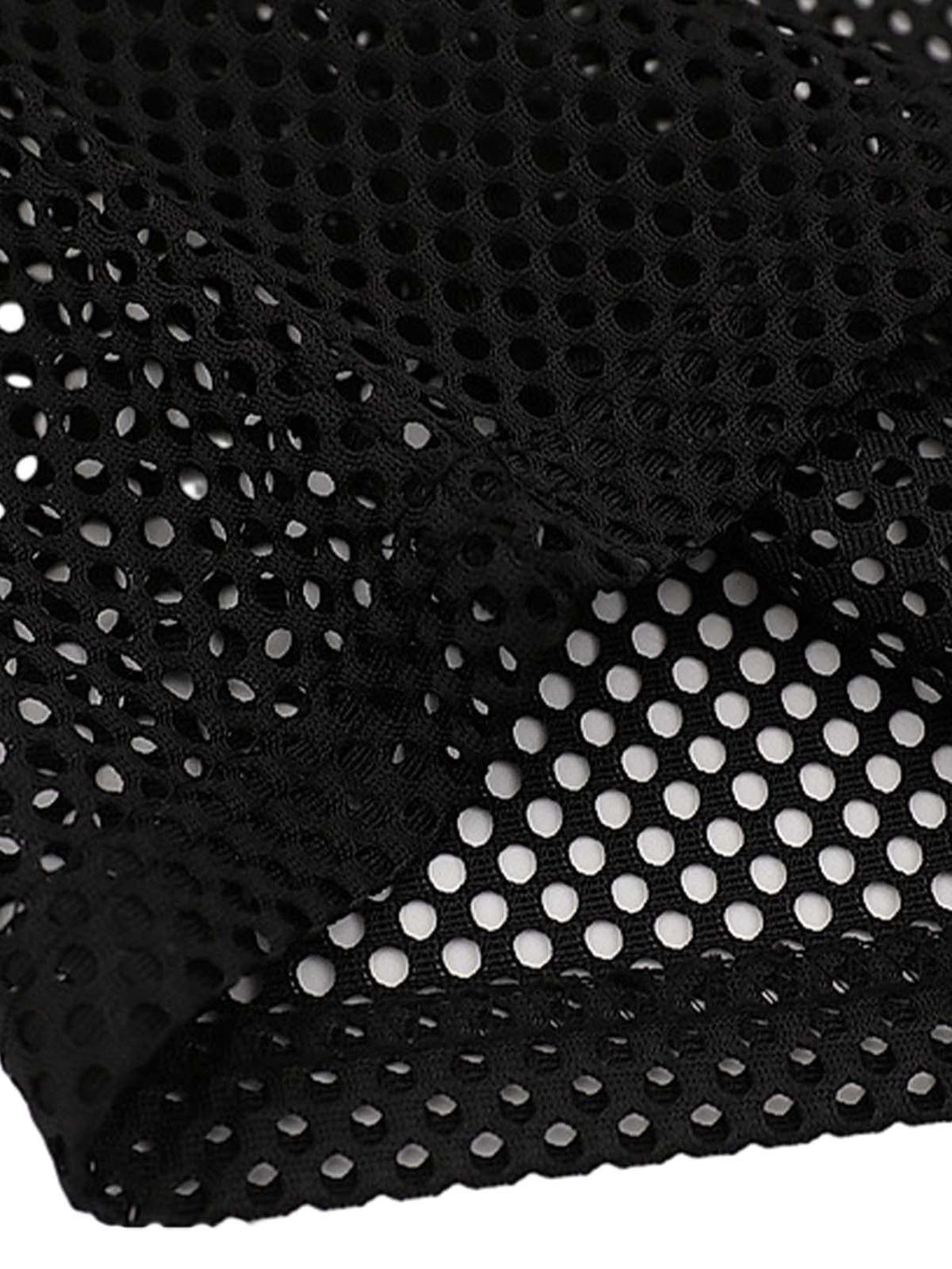 Zoomed-in texture of TALISHKO's black mesh vest, highlighting its breathable and airy design.