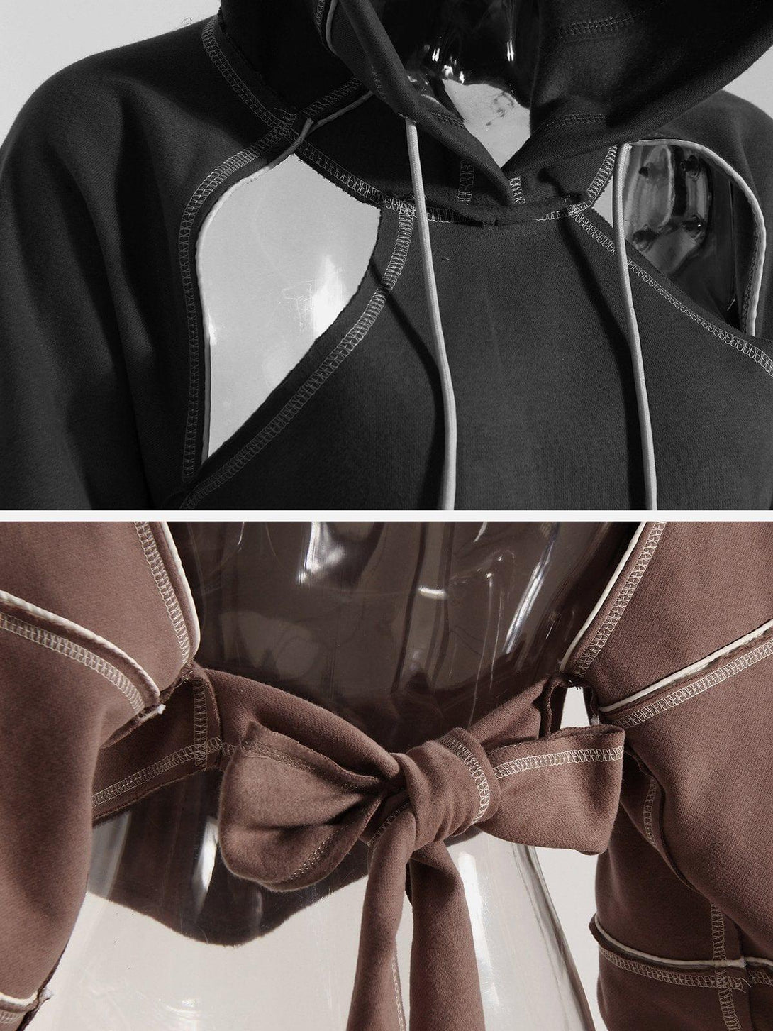Hoodie by TALISHKO featuring detailed cut-out and tie-bow design, highlighting unique stitching.