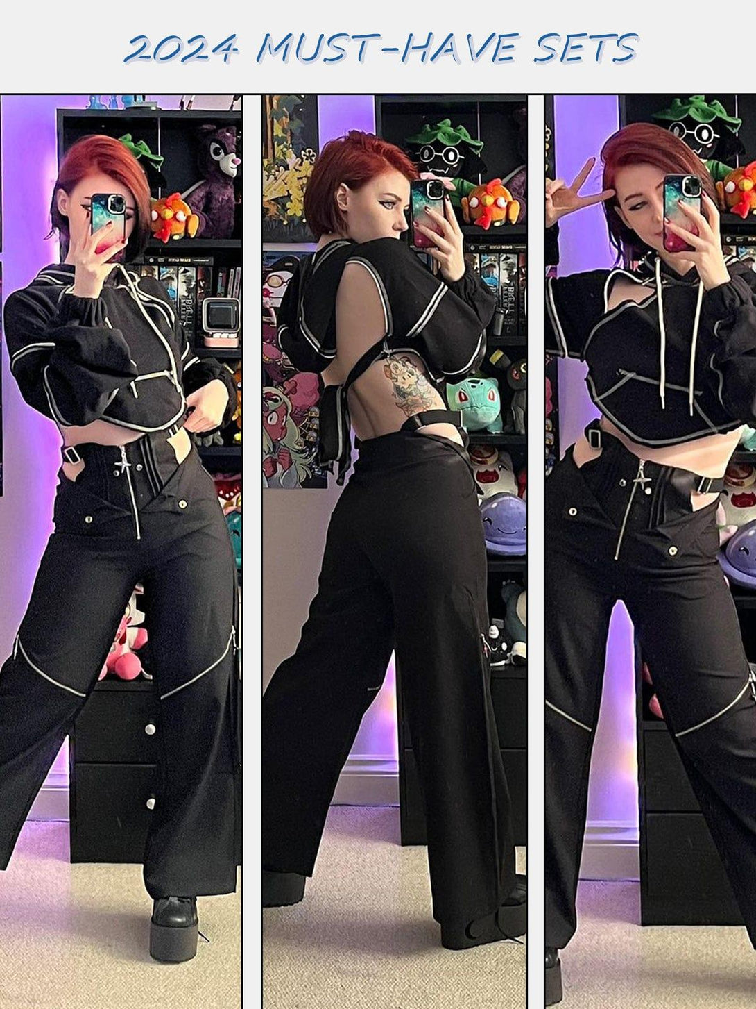 Model in TALISHKO's black hollowed back tie-bow hoodie, showcasing unique cut-out design.