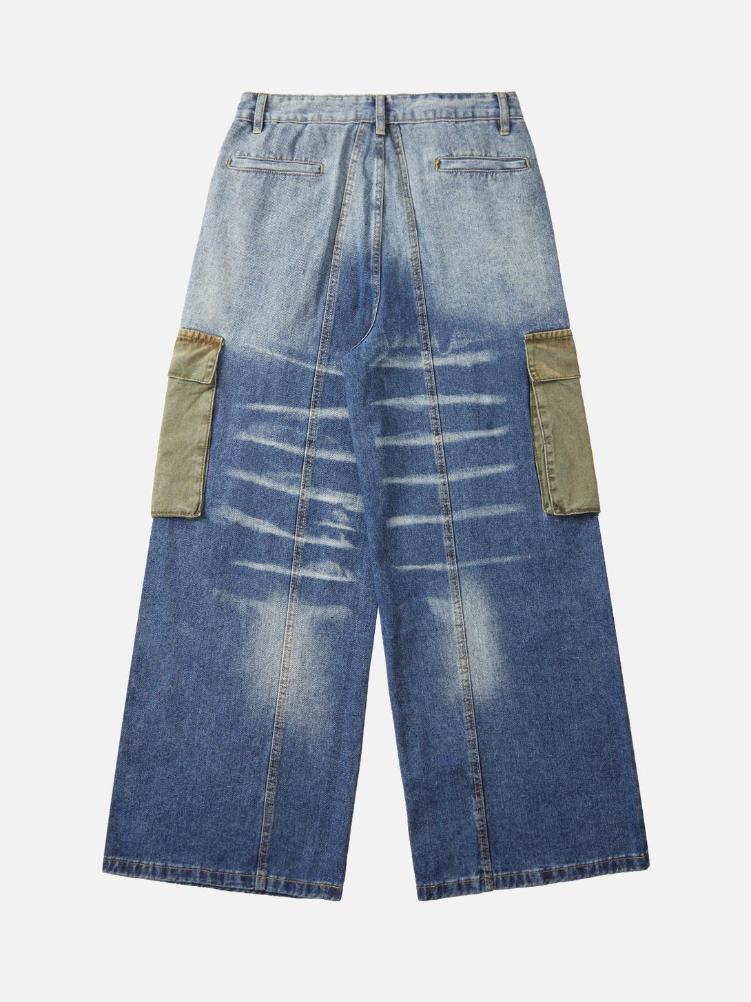 Back view of TALISHKO cargo jeans featuring large pockets and a unique distressed design.