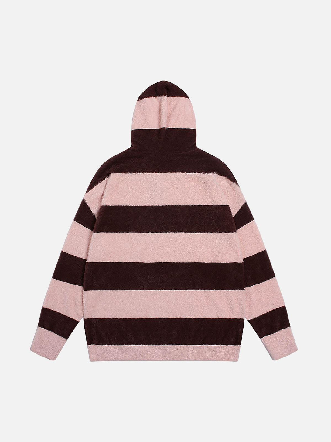 Back view of a pink and brown striped hooded knit sweater by TALISHKO, showcasing cozy style.
