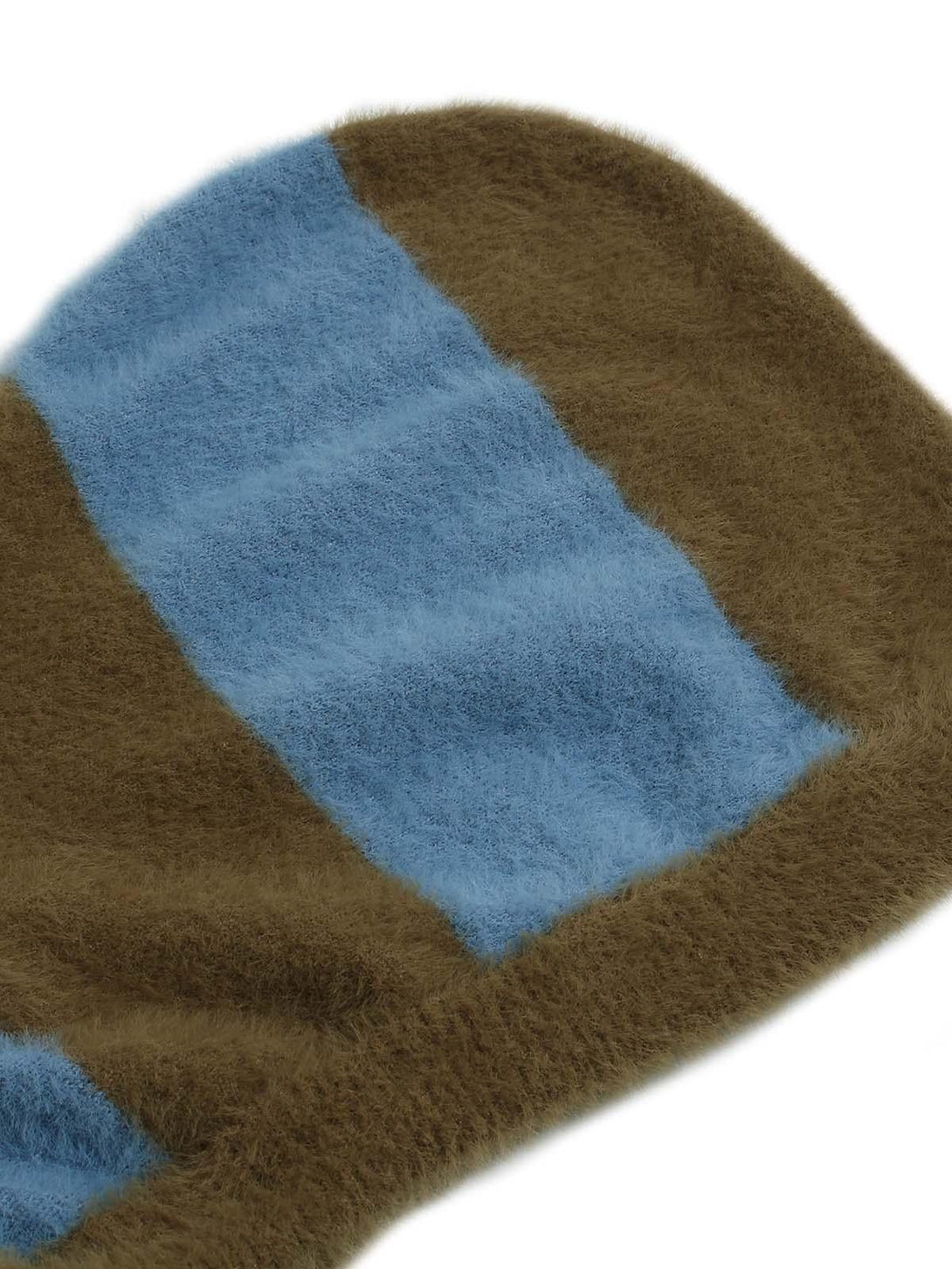 A close-up of the soft, textured blue and brown striped knit sweater by TALISHKO.