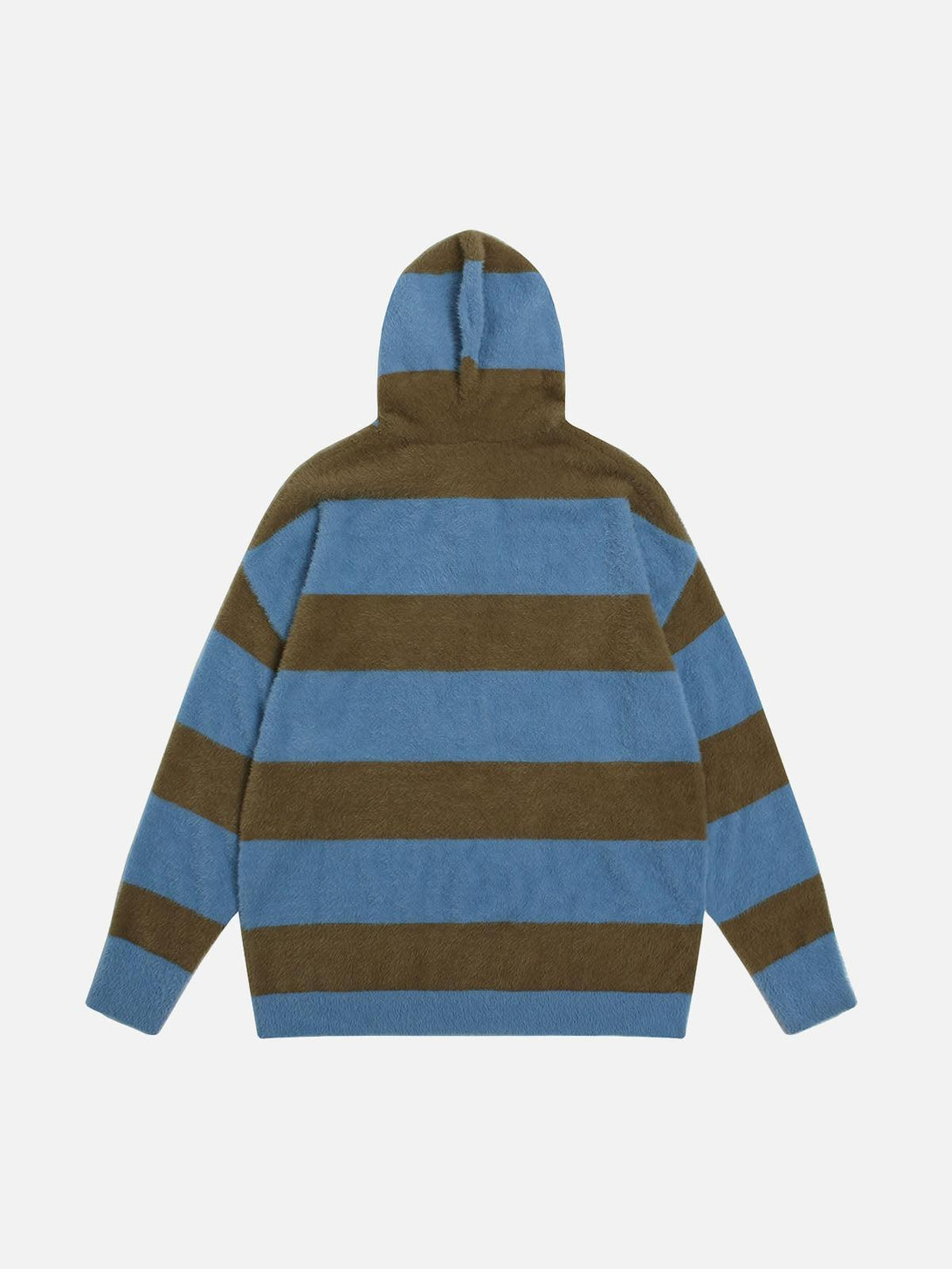 Back view of a blue and brown striped knit sweater featuring a cozy hood by TALISHKO.
