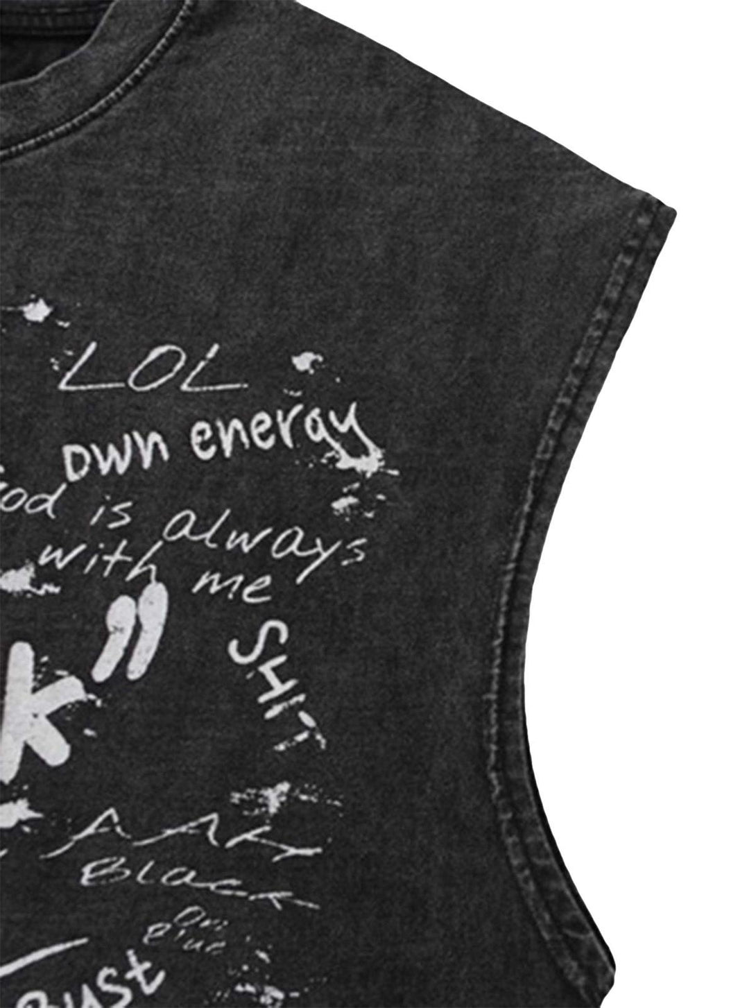 A detailed view of the graffiti-inspired text on TALISHKO's vintage vest, ideal for casual vibes.