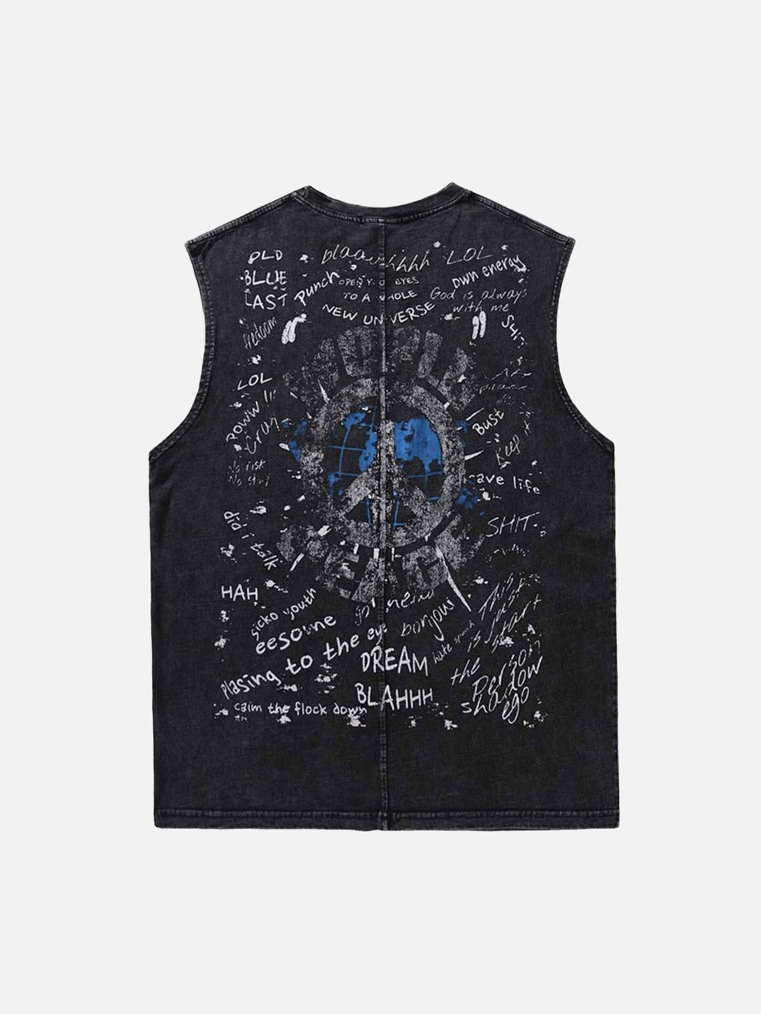 Back view of the TALISHKO vintage vest with graffiti-style text and peace symbol design.