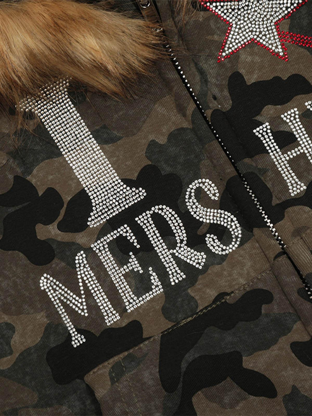 Intricate look at TALISHKO's camouflage fleece jacket with rhinestones and fur trim details.