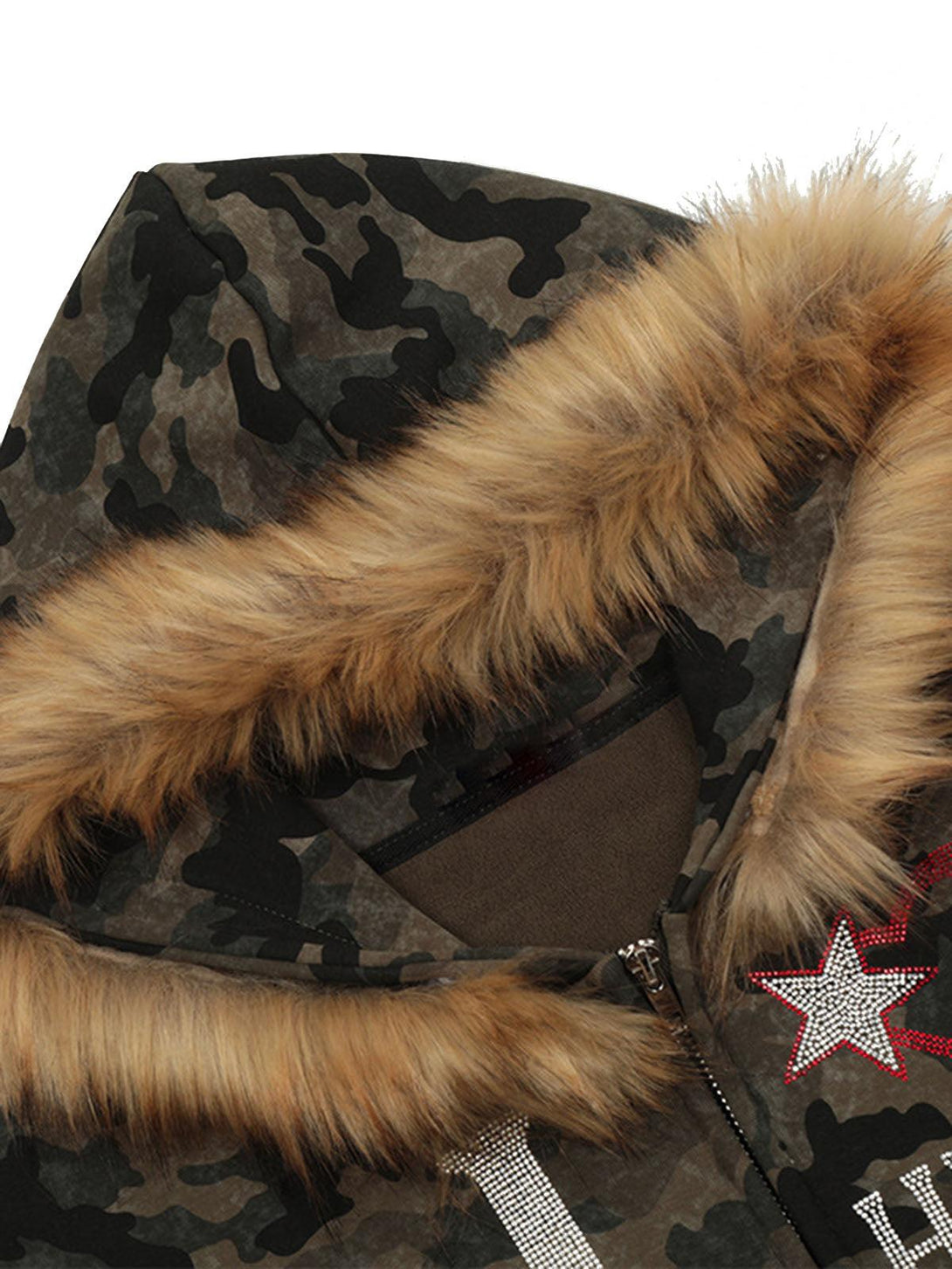 A close-up of TALISHKO's camouflage jacket, showcasing the fur-trimmed hood and rhinestone star.
