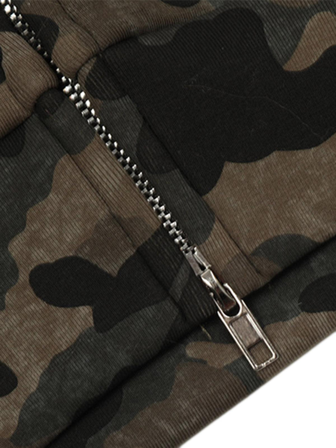 A tight crop highlighting the zipper and camouflage pattern on a TALISHKO fleece jacket.