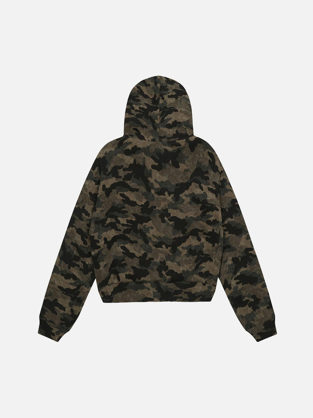 Back view of a TALISHKO camouflage fleece jacket featuring a cozy fur-trimmed hood.