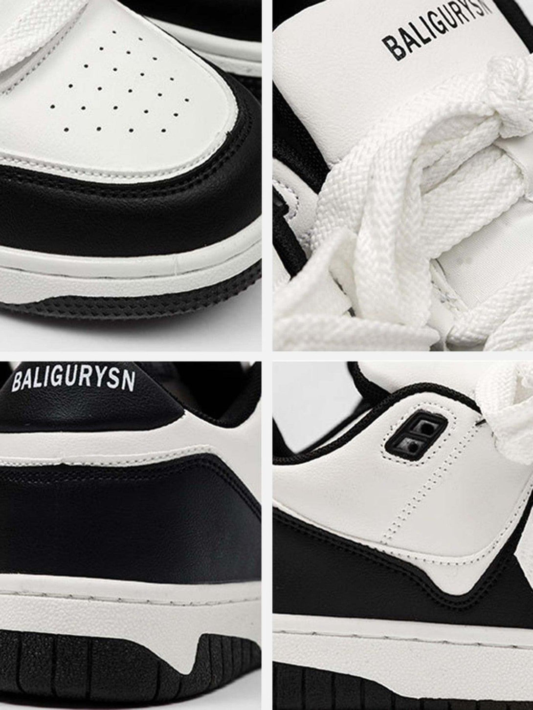 Detailed view of TALISHKO black and white board shoes, highlighting sleek design elements.
