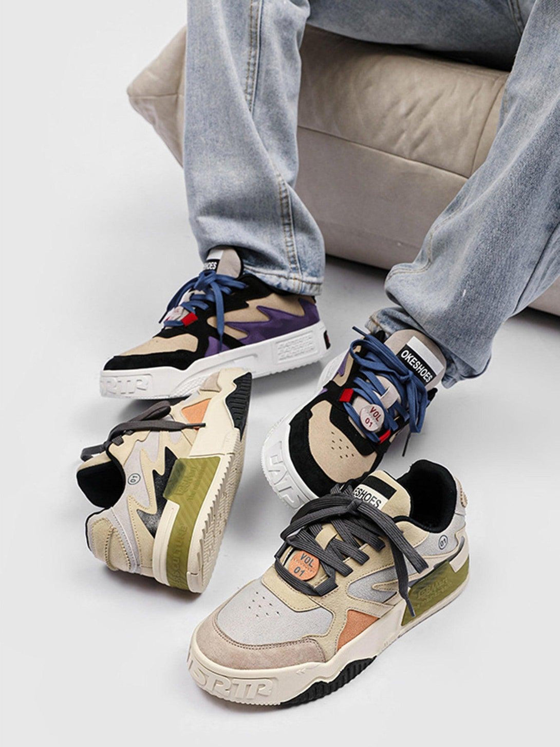 Model wearing TALISHKO skate shoes, featuring layered textures and a bold, stylish design.