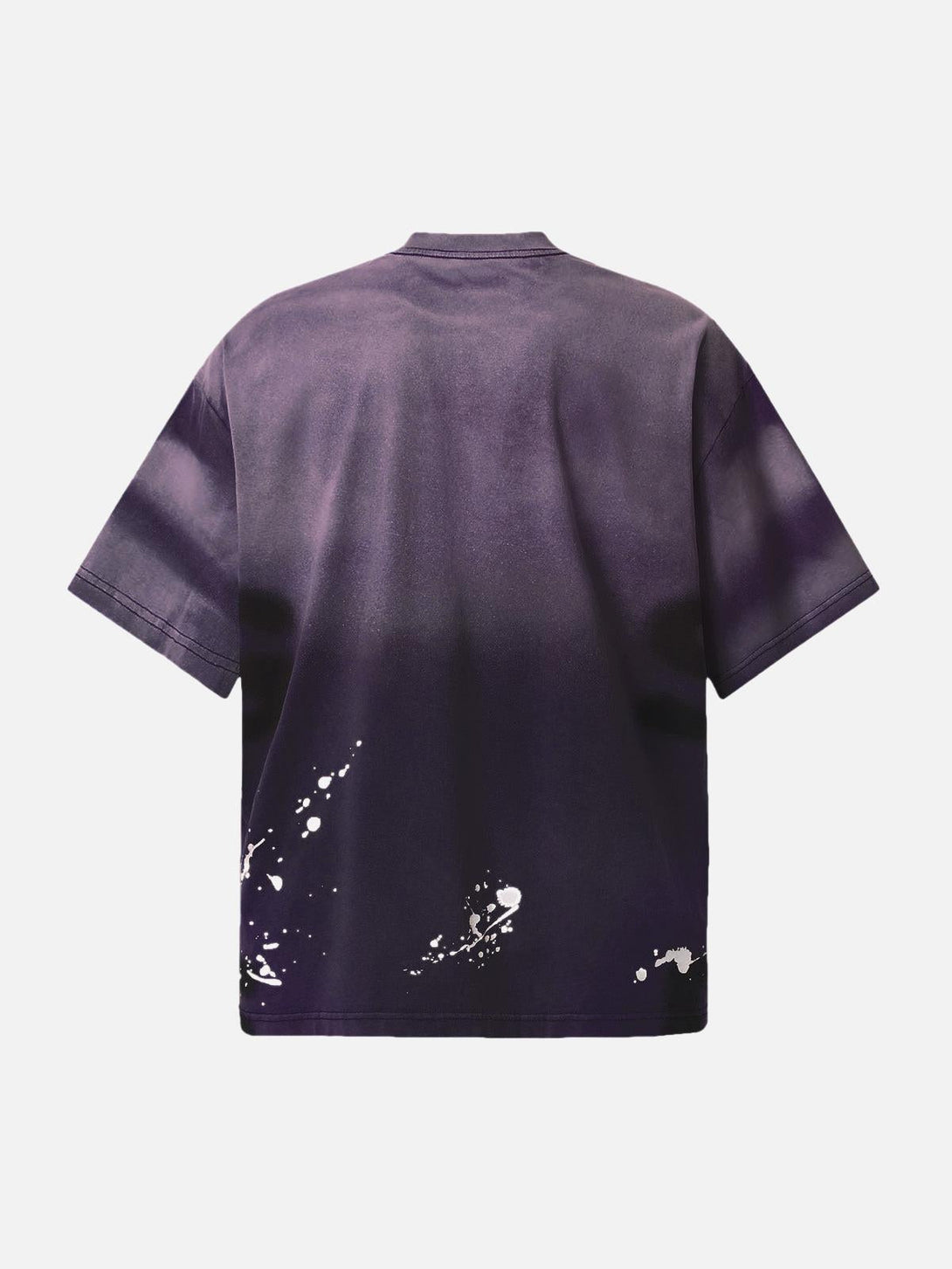 Back view of TALISHKO ink splash T-shirt in deep purple, featuring artistic paint splatter design.