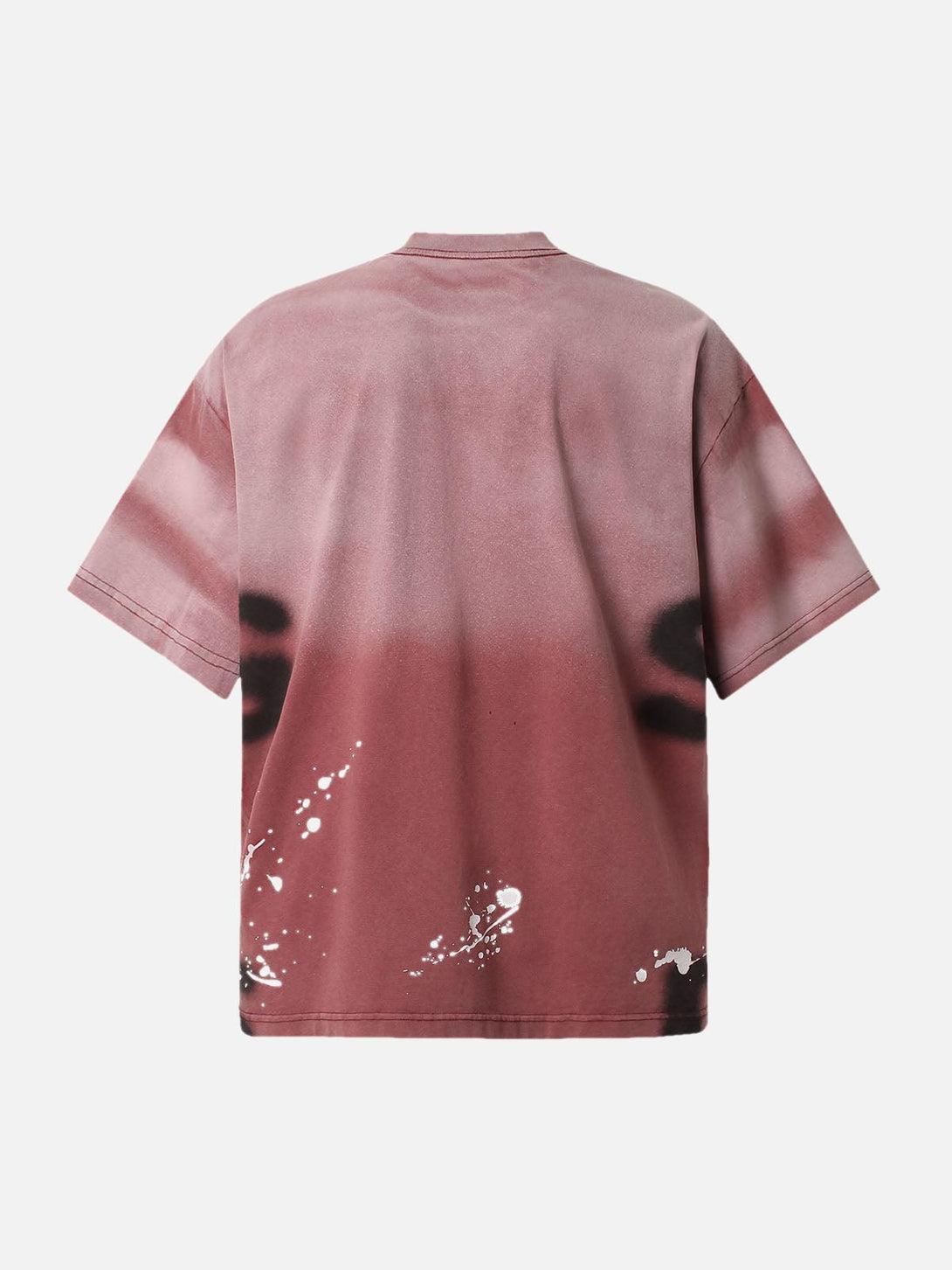 Back view of TALISHKO ink splash letter print T-shirt in muted tones, featuring artistic splatter.