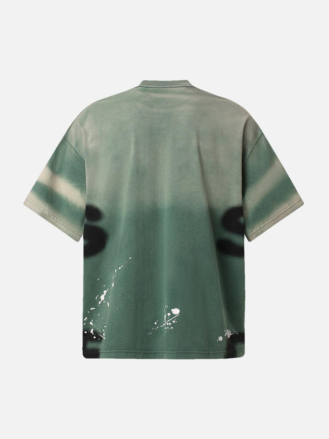 Back view of TALISHKO ink splash T-shirt in green, featuring artistic splatter design.