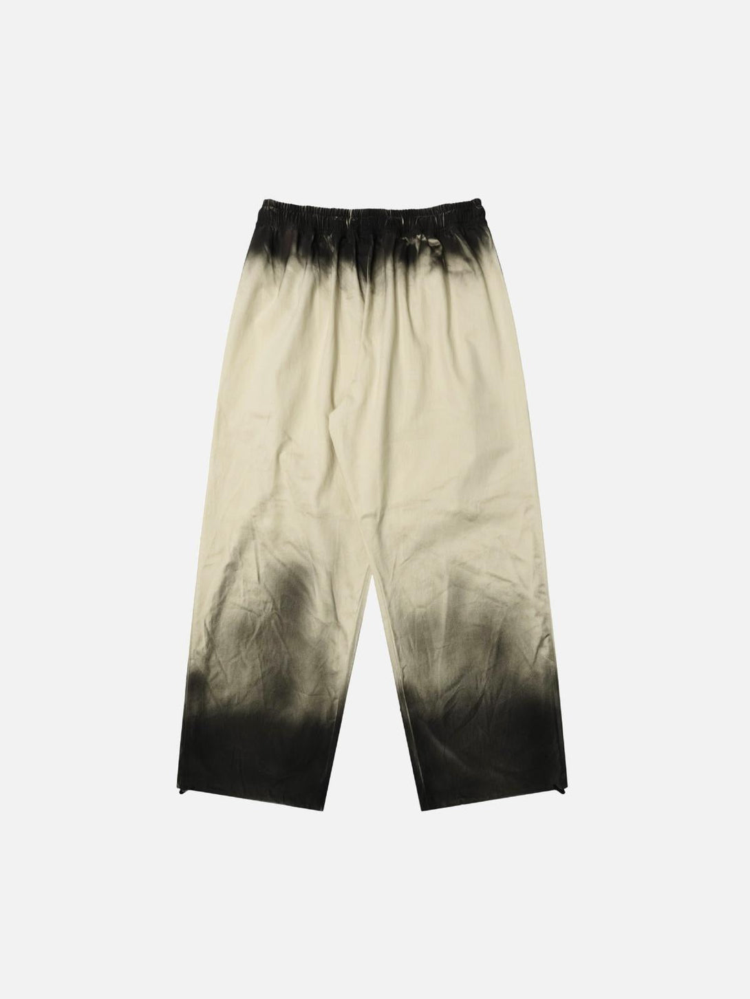 Back view of inkjet pleated pants by TALISHKO, featuring a striking ombre effect.