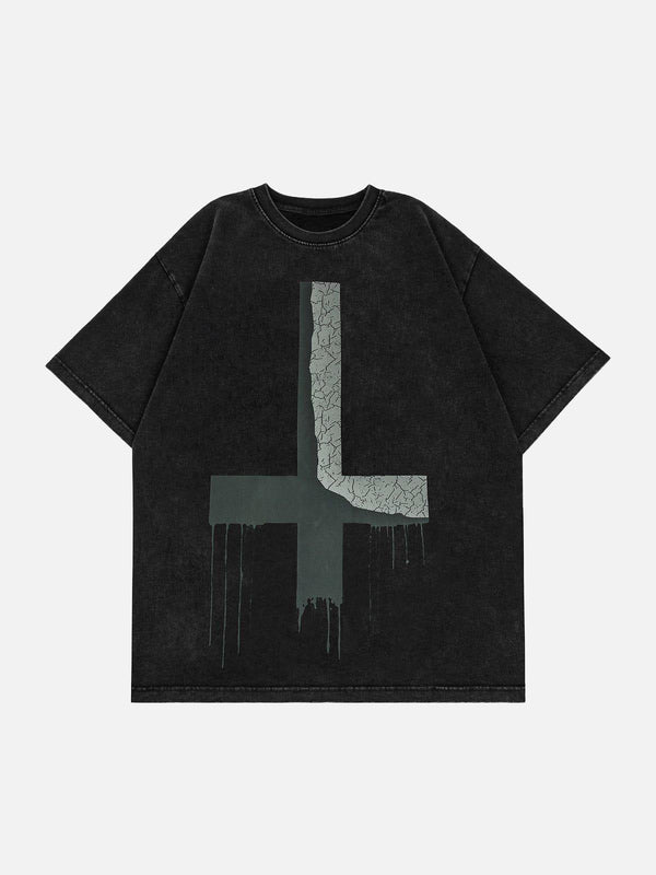 TALISHKO oversized tee featuring an inverted cross print on the front, perfect for bold style.