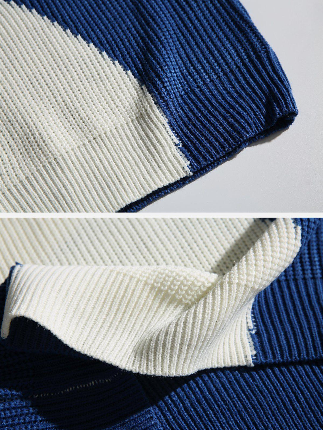 Intricate look at the blue and white knit texture by TALISHKO, emphasizing unique design.