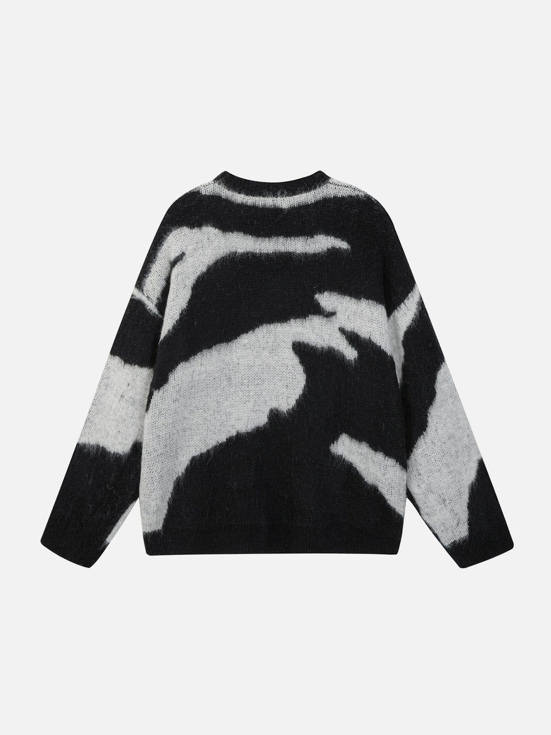 Back view of a TALISHKO sweater featuring an abstract black and gray pattern.