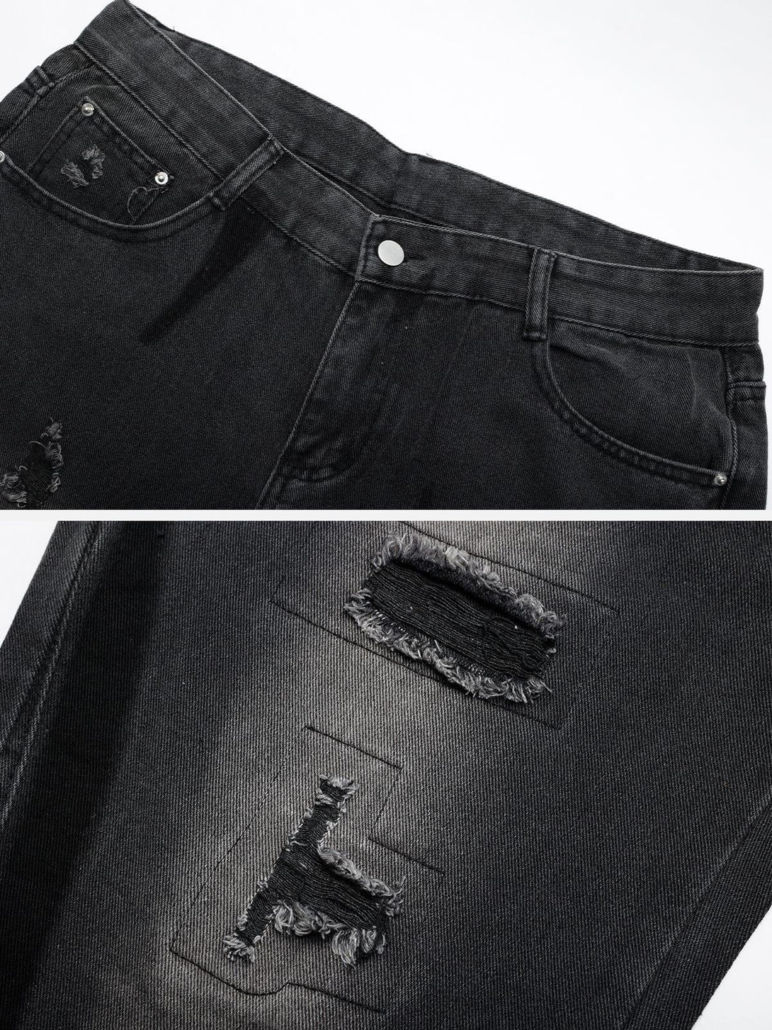 A detailed look at TALISHKO's black irregular patch ripped jeans, highlighting distressed textures.