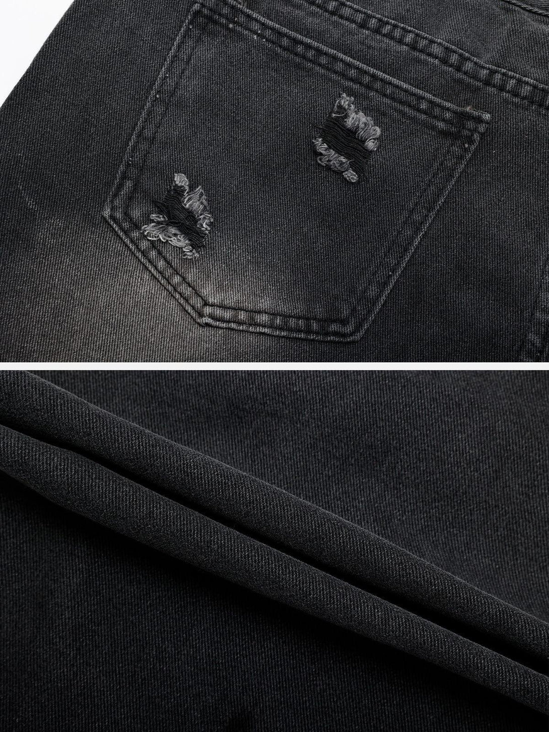 Focusing on the distressed pocket detail of TALISHKO's irregular patch ripped jeans.