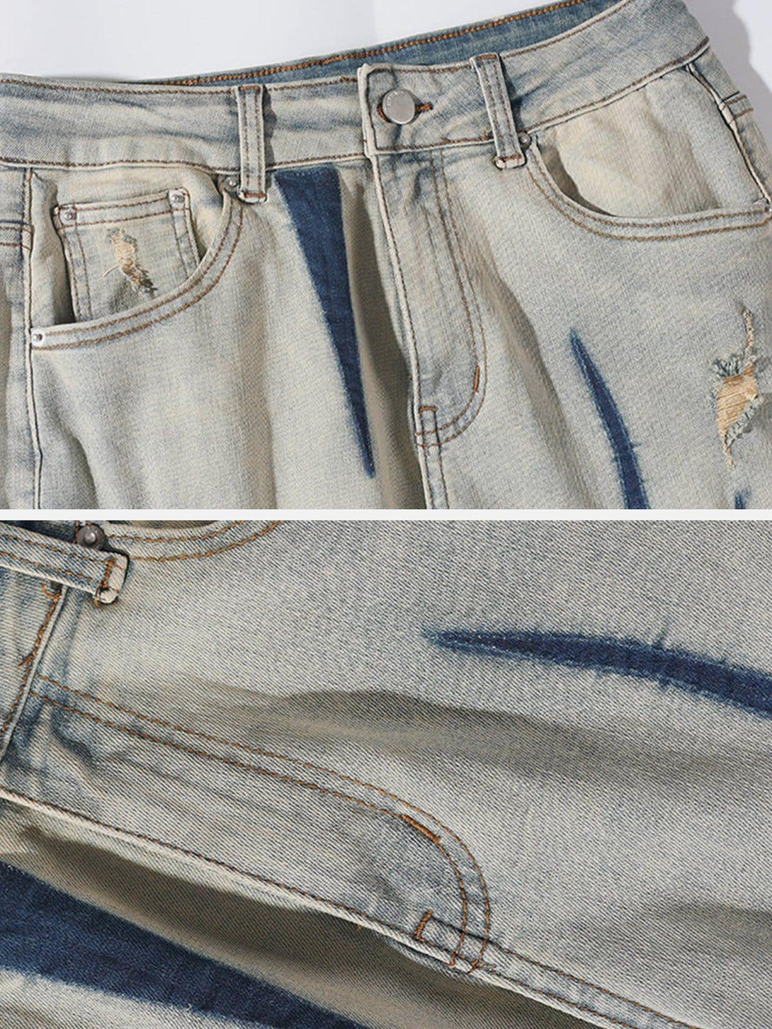 Close-up of TALISHKO's irregular patch ripped jeans, showcasing unique stitching and texture.