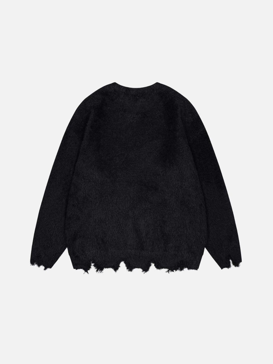 Back view of a black distressed sweater with a unique edge detail by TALISHKO.