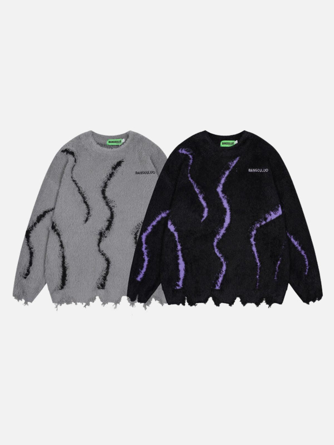 Two distressed sweaters with wavy patterns, in gray and black, by TALISHKO.