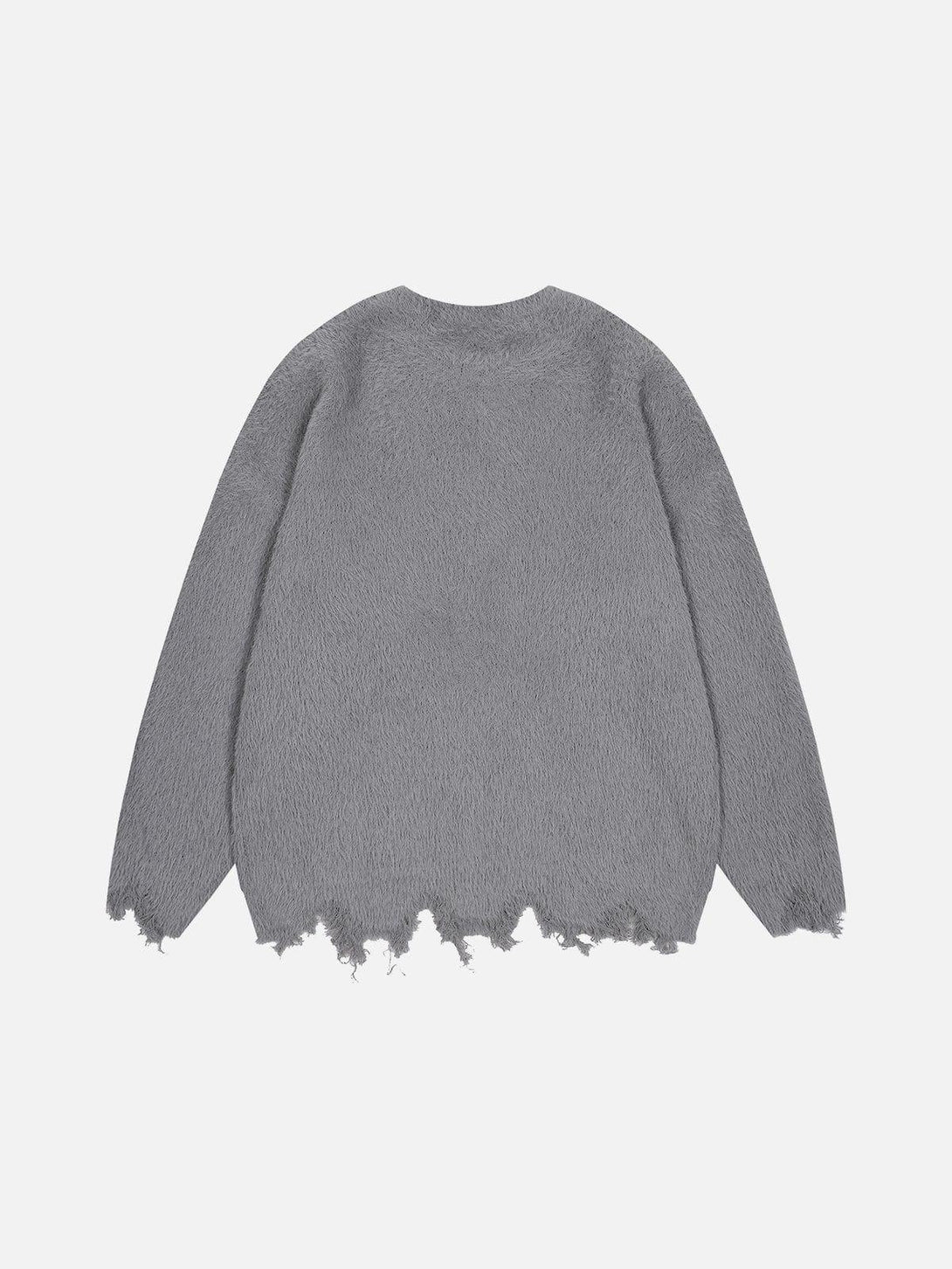 Back view of a gray distressed sweater with a unique design by TALISHKO.
