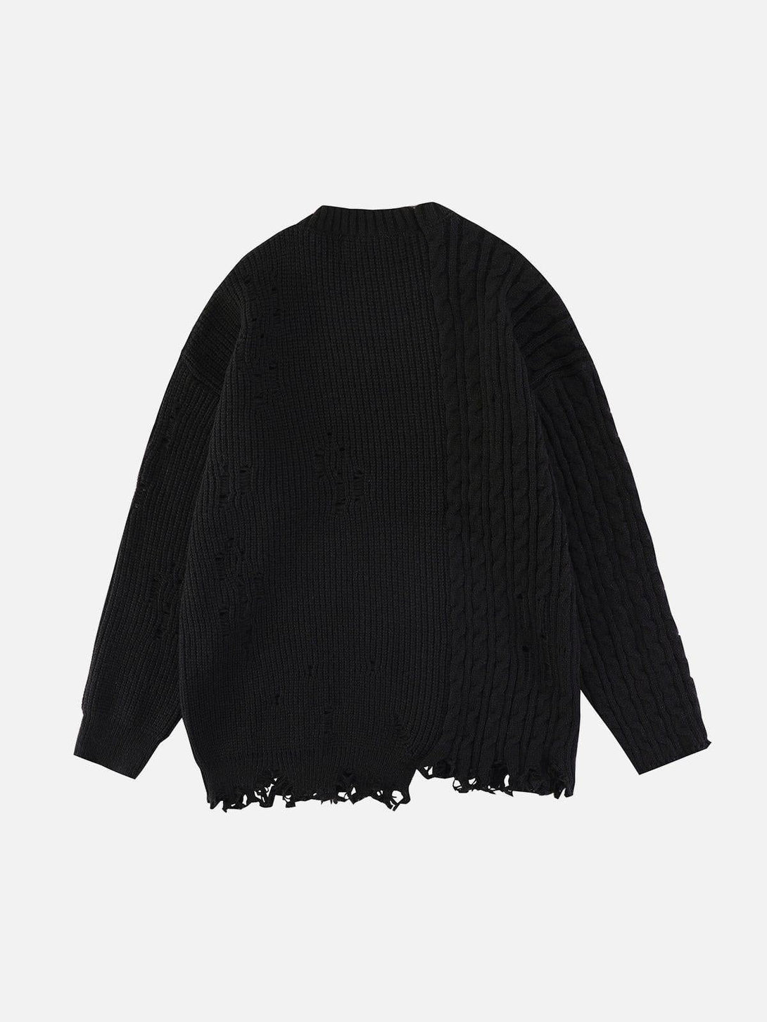 Back view of a black patchwork twist sweater by TALISHKO, highlighting distressed edges.
