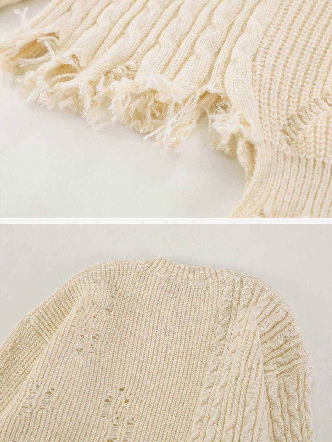 Intricate look at TALISHKO's irregular patchwork twist sweater, highlighting its frayed details.