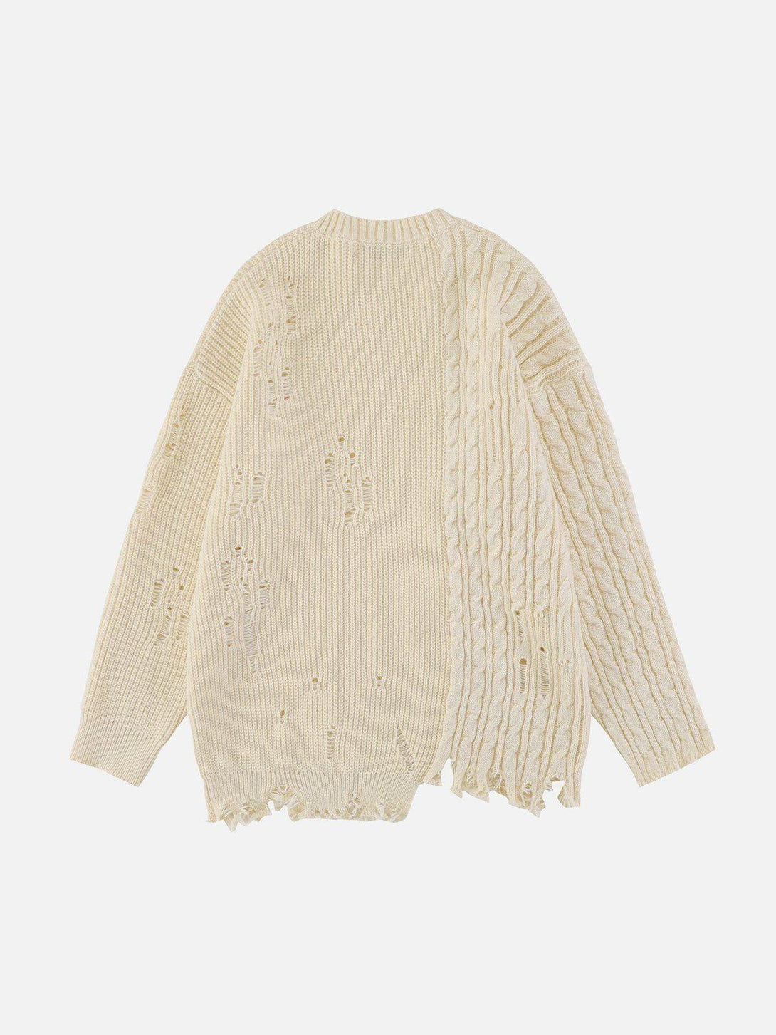Back view of TALISHKO's irregular patchwork twist sweater, highlighting its unique knit design.