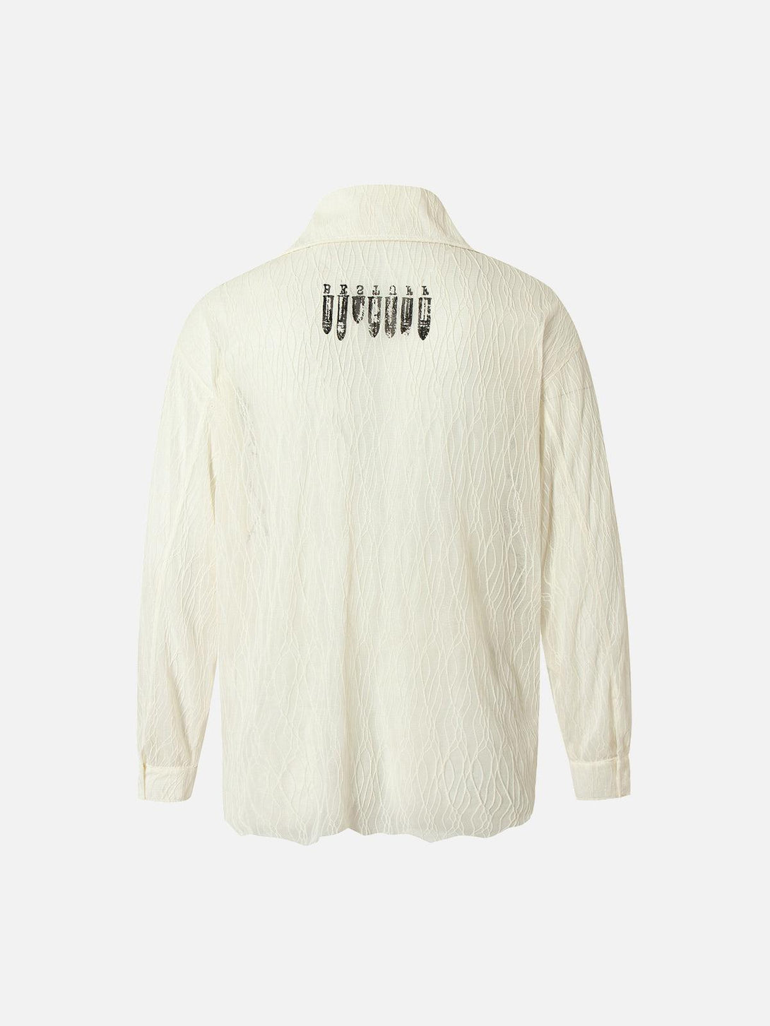 Back view of an irregular pleated print shirt by TALISHKO, showcasing unique texture and design.