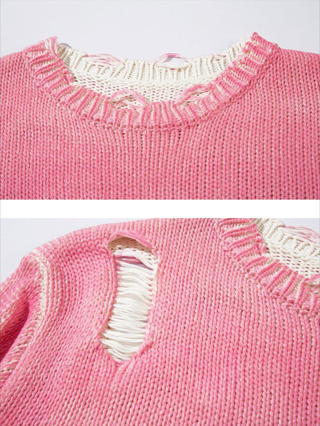 Detailed view of a pink, ripped sweater by TALISHKO, highlighting its texture and design.