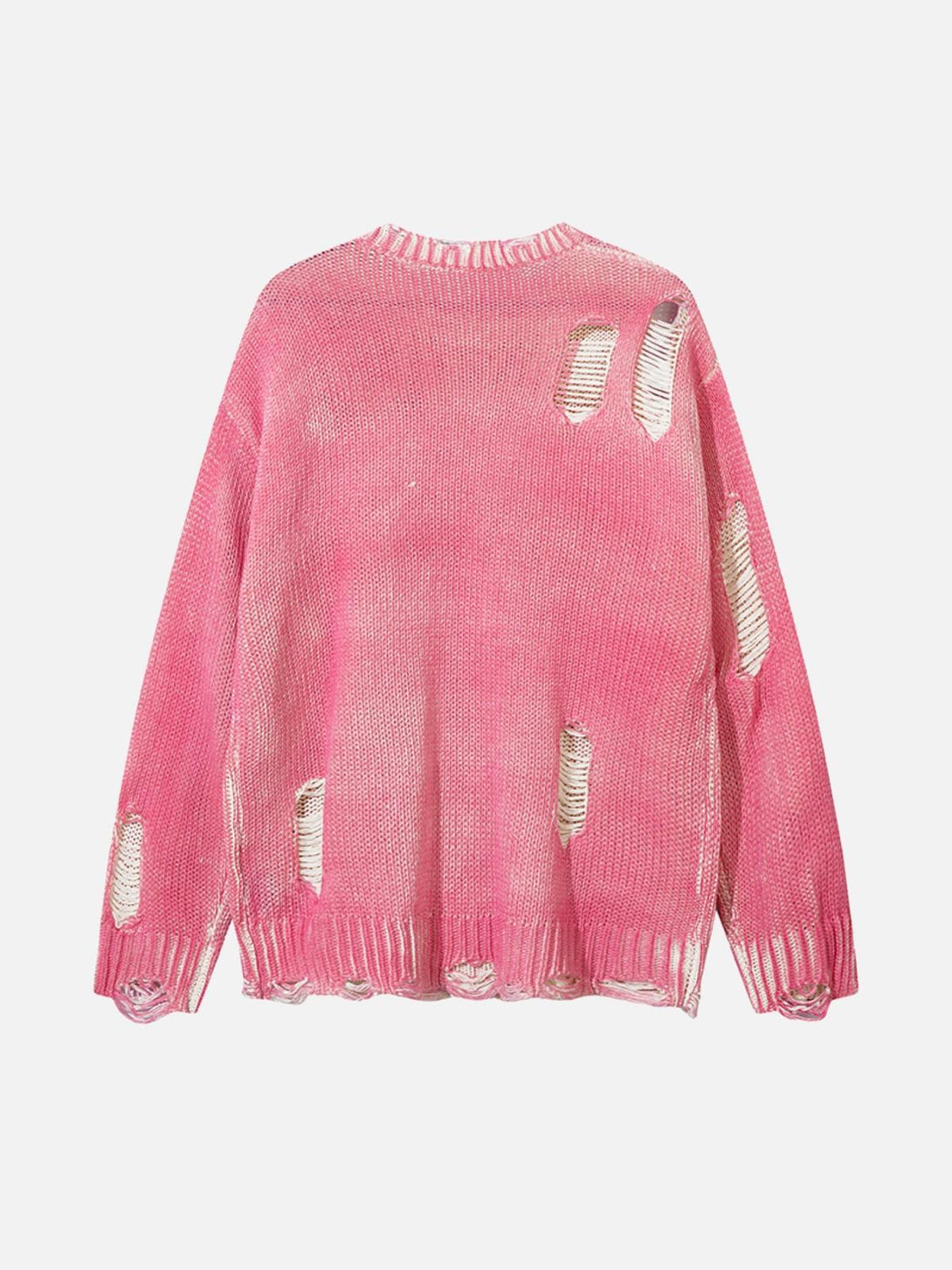 Back view of a pink, distressed sweater by TALISHKO, highlighting its edgy design.