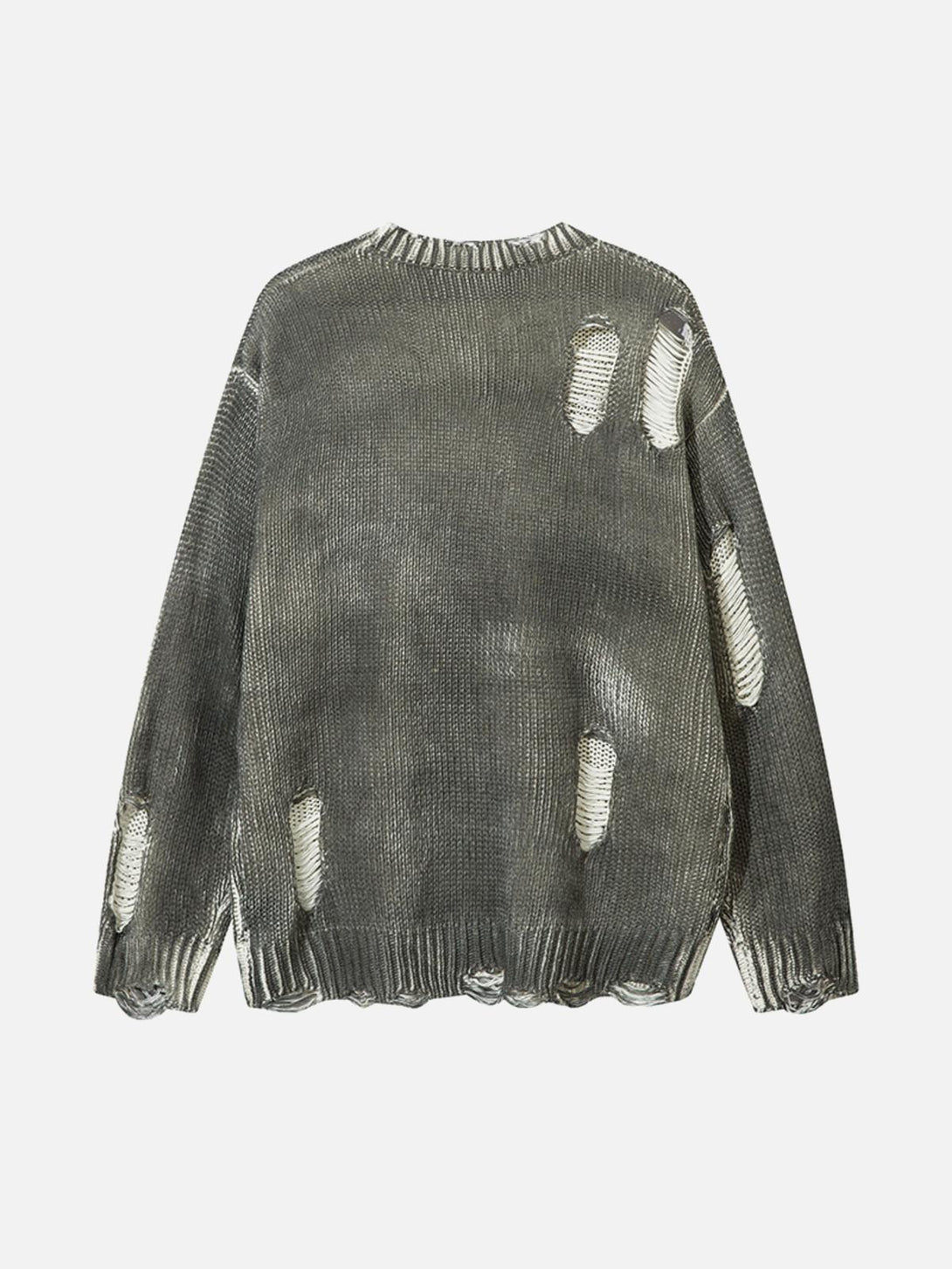 Back view of a gray, ripped sweater by TALISHKO, emphasizing its unique distressed style.