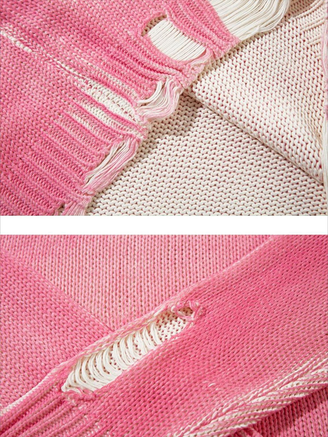 Intricate look at the pink, ripped texture of a sweater by TALISHKO, showcasing unique details.
