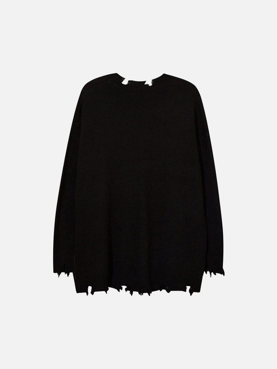 Black knit sweater by TALISHKO with irregular ripped details and a unique skeleton-inspired design.
