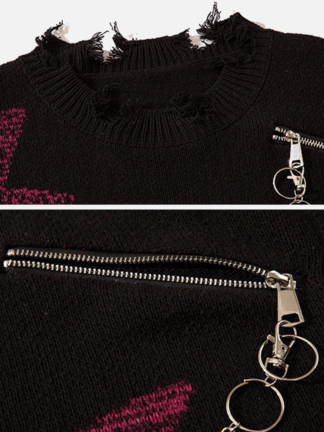 Intricate look at the TALISHKO sweater's ripped neckline and zipper chain detail.