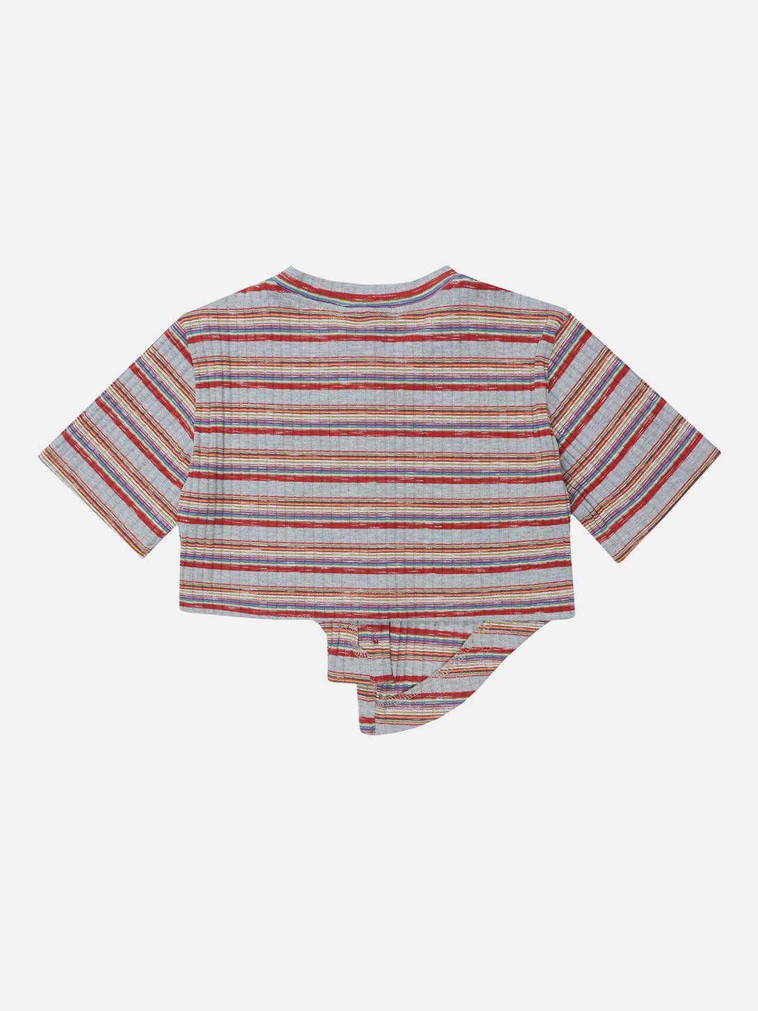 Back view of an irregular stripes tee by TALISHKO, featuring an asymmetrical hem design.