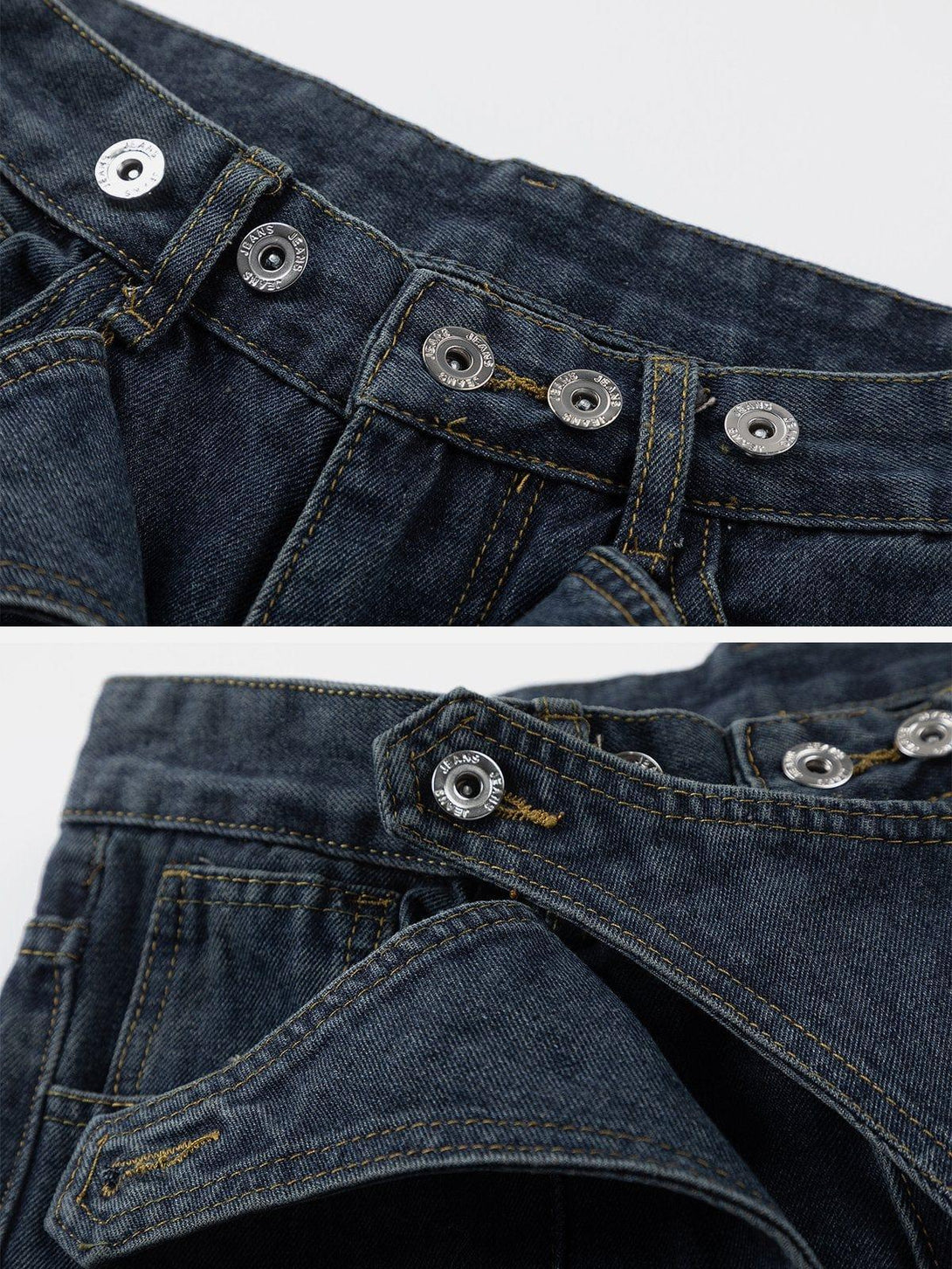 Detailed view of TALISHKO's irregular waist wide-leg jeans, highlighting button closure.