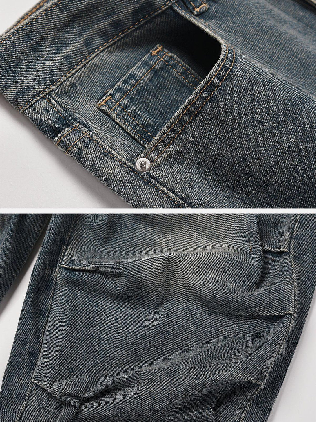 Intricate look at TALISHKO's irregular wrinkle jeans, highlighting unique stitching details.