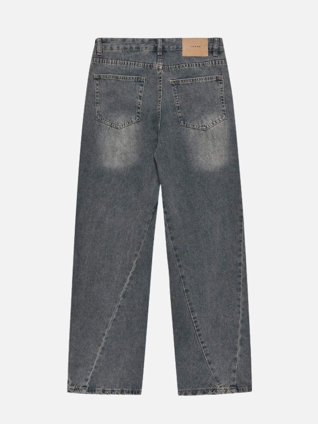 Back view of TALISHKO irregular wrinkle jeans, highlighting unique design and casual flair.