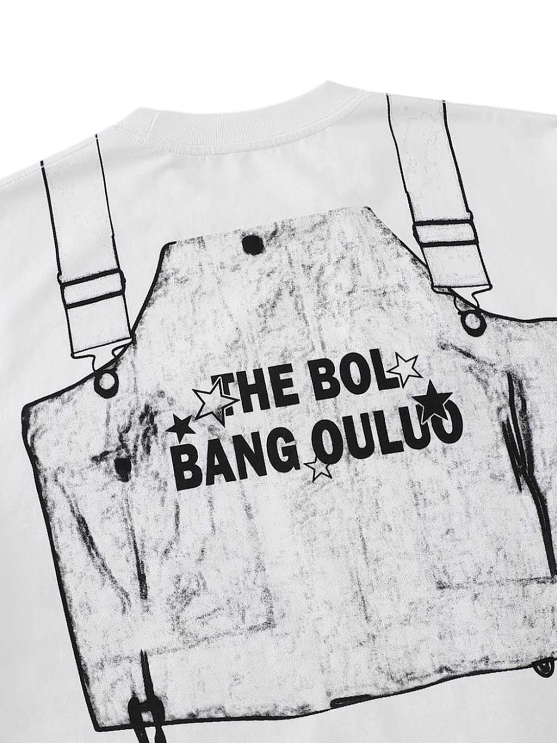 Back view of TALISHKO T-shirt featuring a unique graphic jacket print with star details.