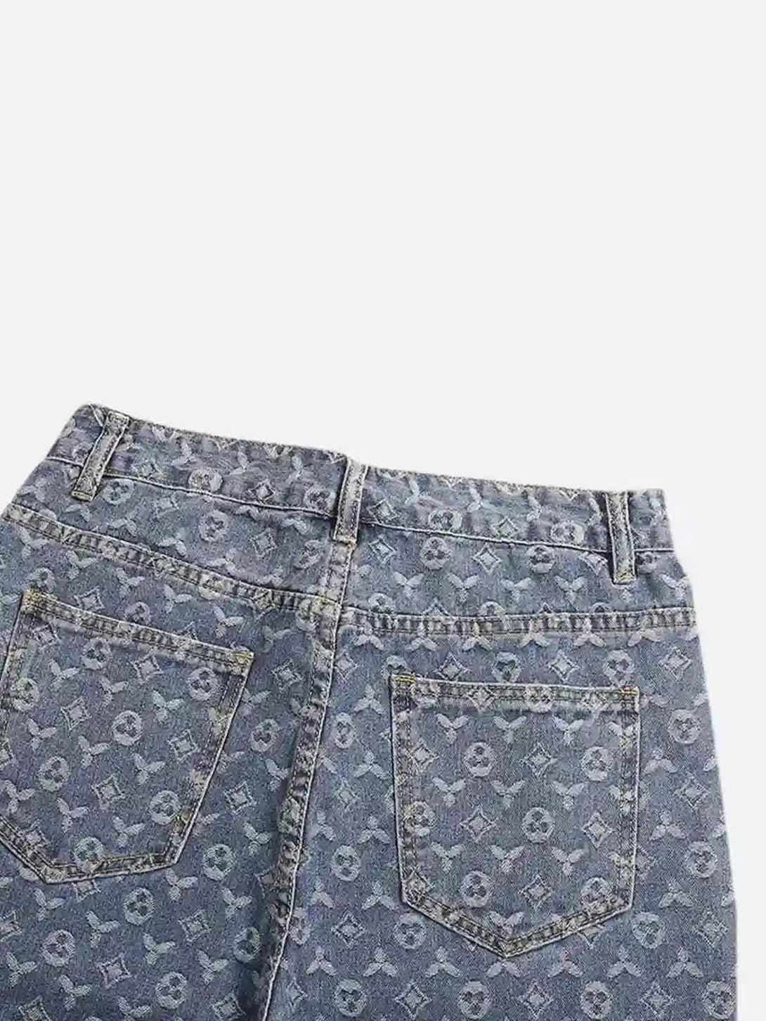 Back view of TALISHKO jacquard baggy denim jeans, showcasing detailed pocket design.