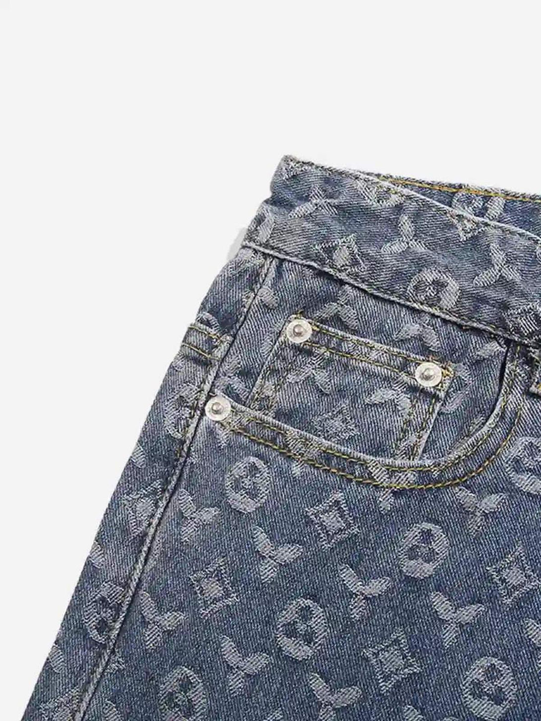 Detailed fabric and stitching of TALISHKO's jacquard baggy denim jeans, showcasing unique texture.