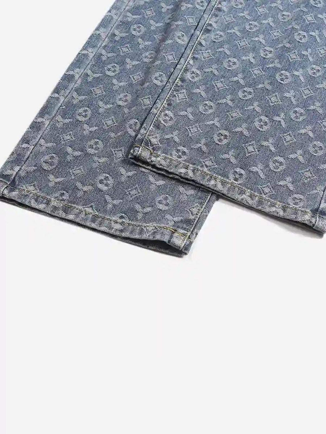 Patterned detail of TALISHKO's jacquard baggy denim jeans, emphasizing unique design.